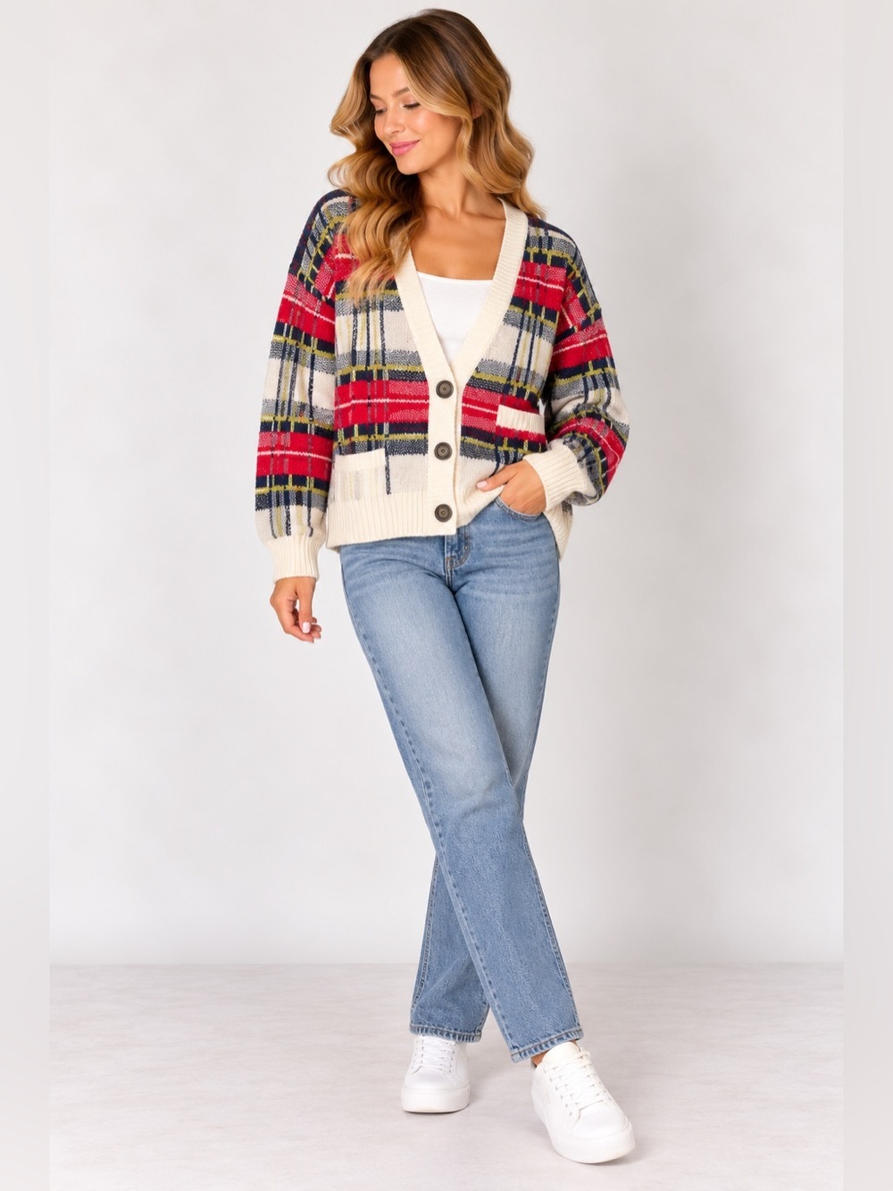 A.N.A A New Approach Plaid Cardigan Sweater Size S Red Cream Navy Preppy